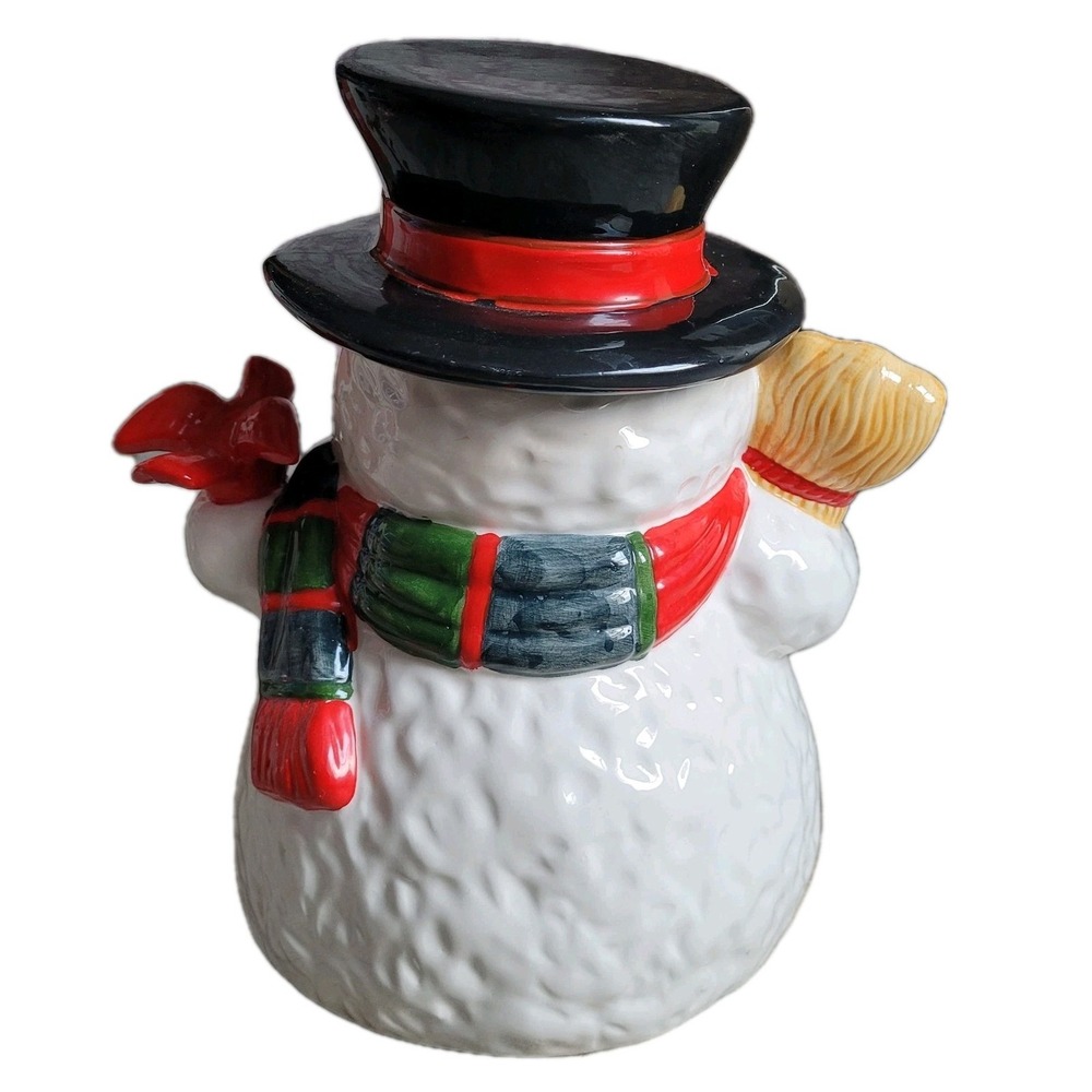 Vintage World Bazaars Ceramic Snowman Cookie Jar Holding Broom & Cardinal W Box! - Picture 4 of 10